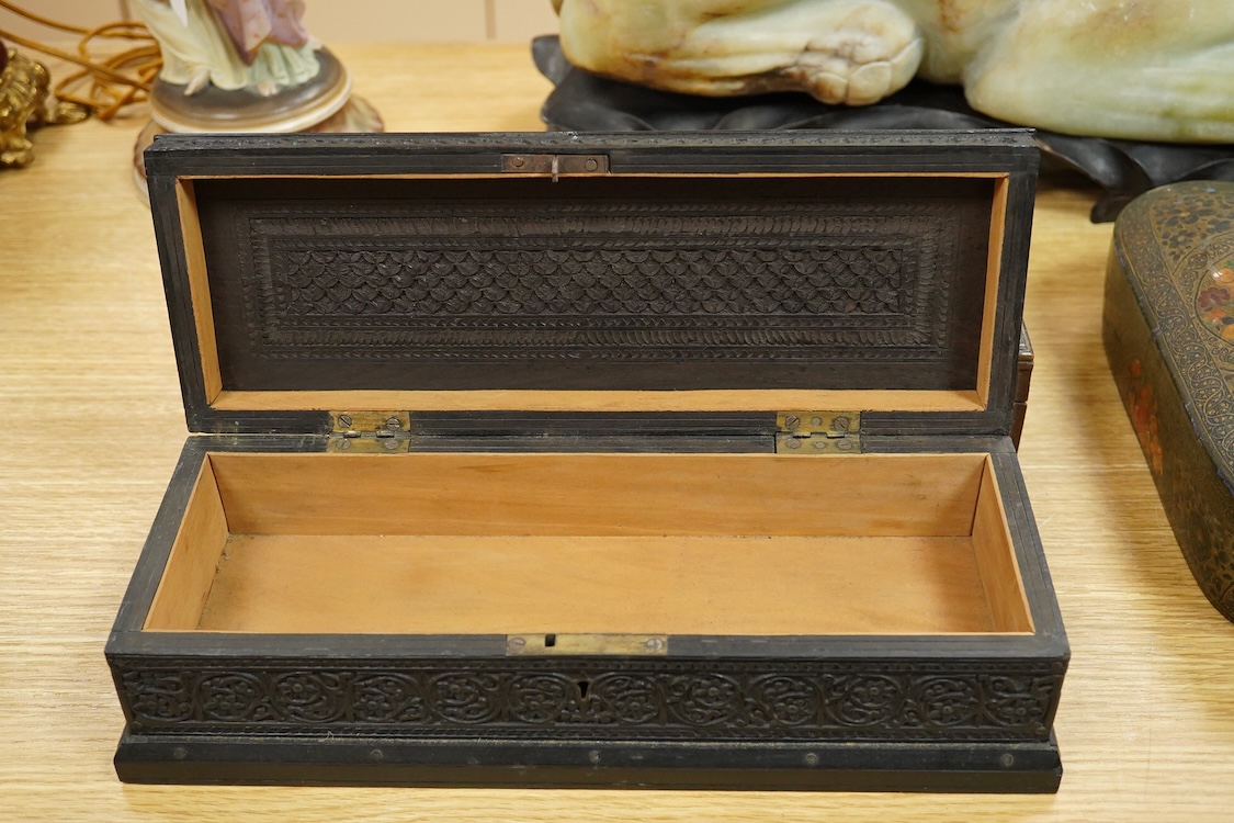 Five various 19th century boxes, variously detailed, largest 30cm wide